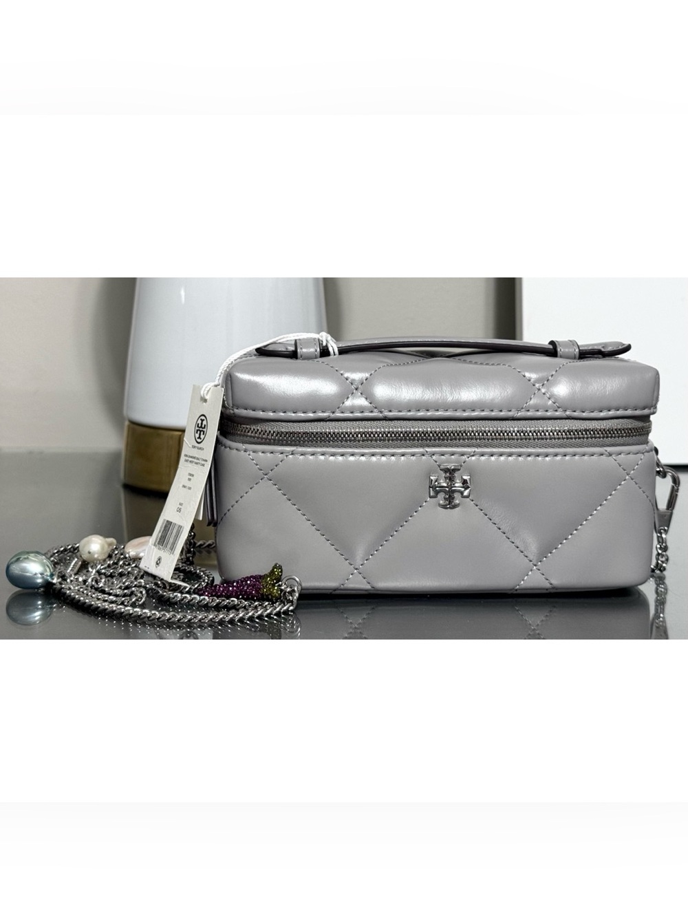 TORY BURCH Kira Diamond Quilted Charm East-West Vanity Case, GREY